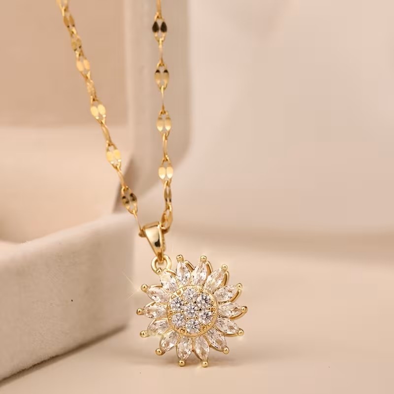 Gold Sunflower Pendant Necklace Rotating Charm Dainty Floral Jewelry Gift