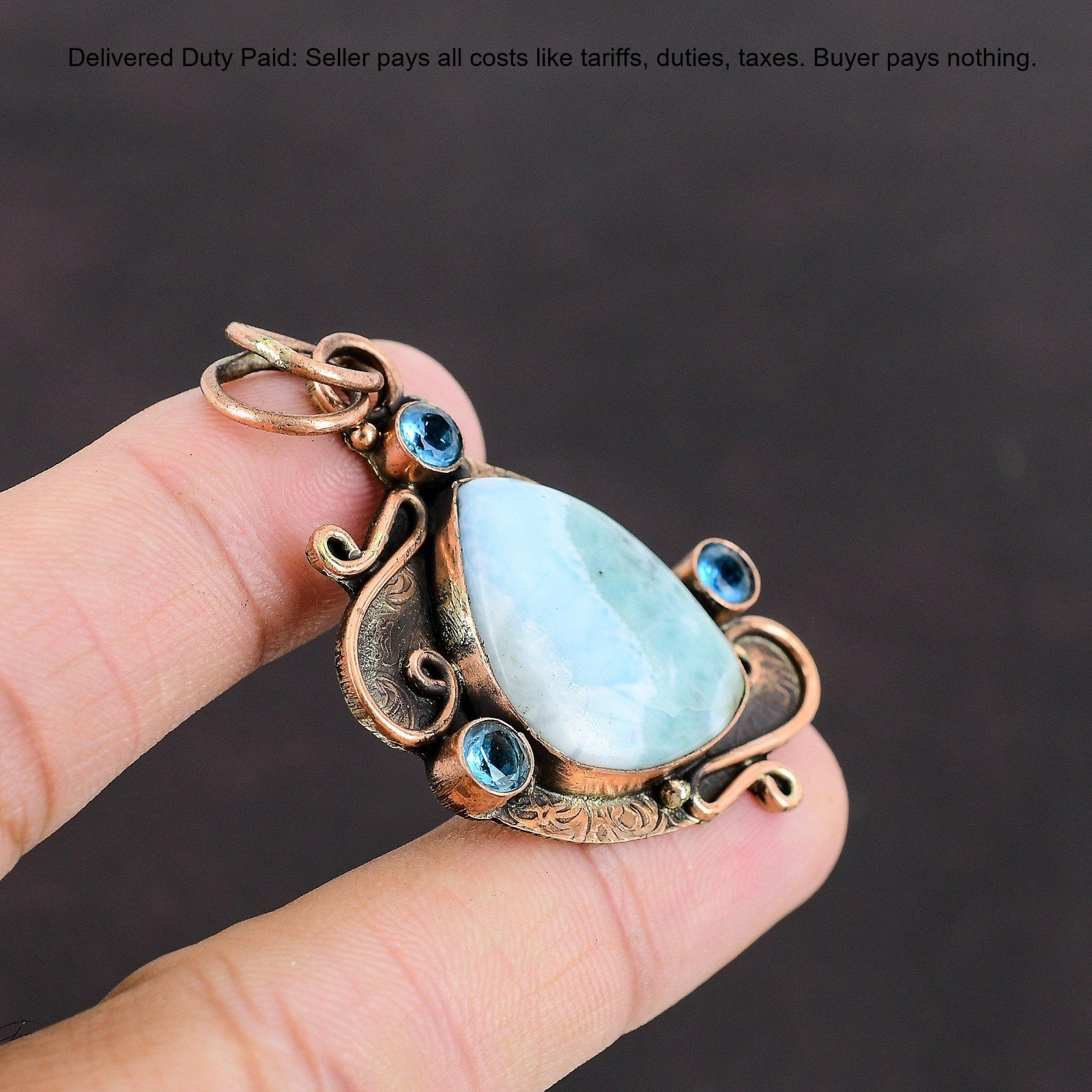 Trillion Larimar Gemstone Swiss Blue Topaz Copper Bezel Graduation Wife Pendant