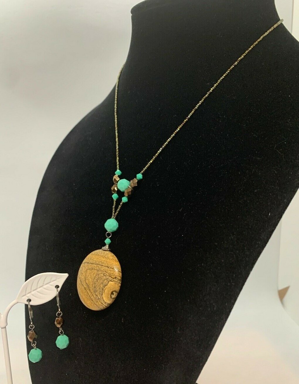 Jasper & Glass Bead Necklace Earrings Set Nickel Lead Free Made In USA Southwest