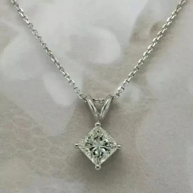 Solitaire Pendant 14k White Gold Plated 2CT Princess Cut Lab Created Diamond