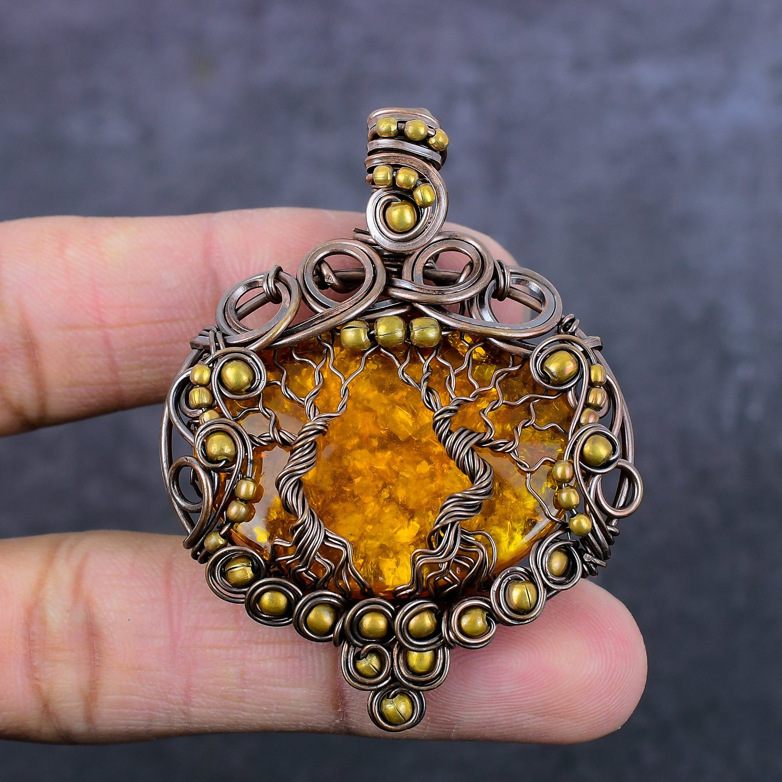 Baltic Amber Gemstone Copper Wire Wrap Tree Of Life Jewelry Pendant 2.44″ o720