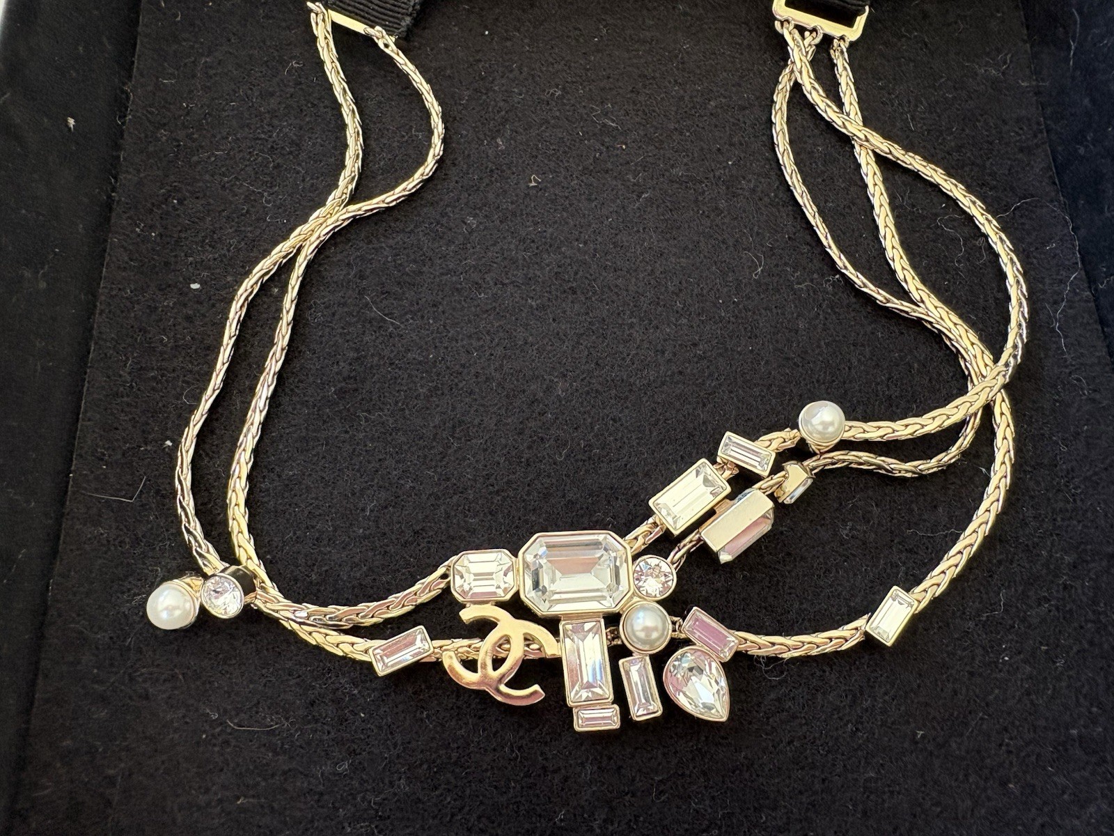 CHANEL CC Logo Choker Necklace Crystal Faux Pearls Black Ribbon Tie Gold Plated