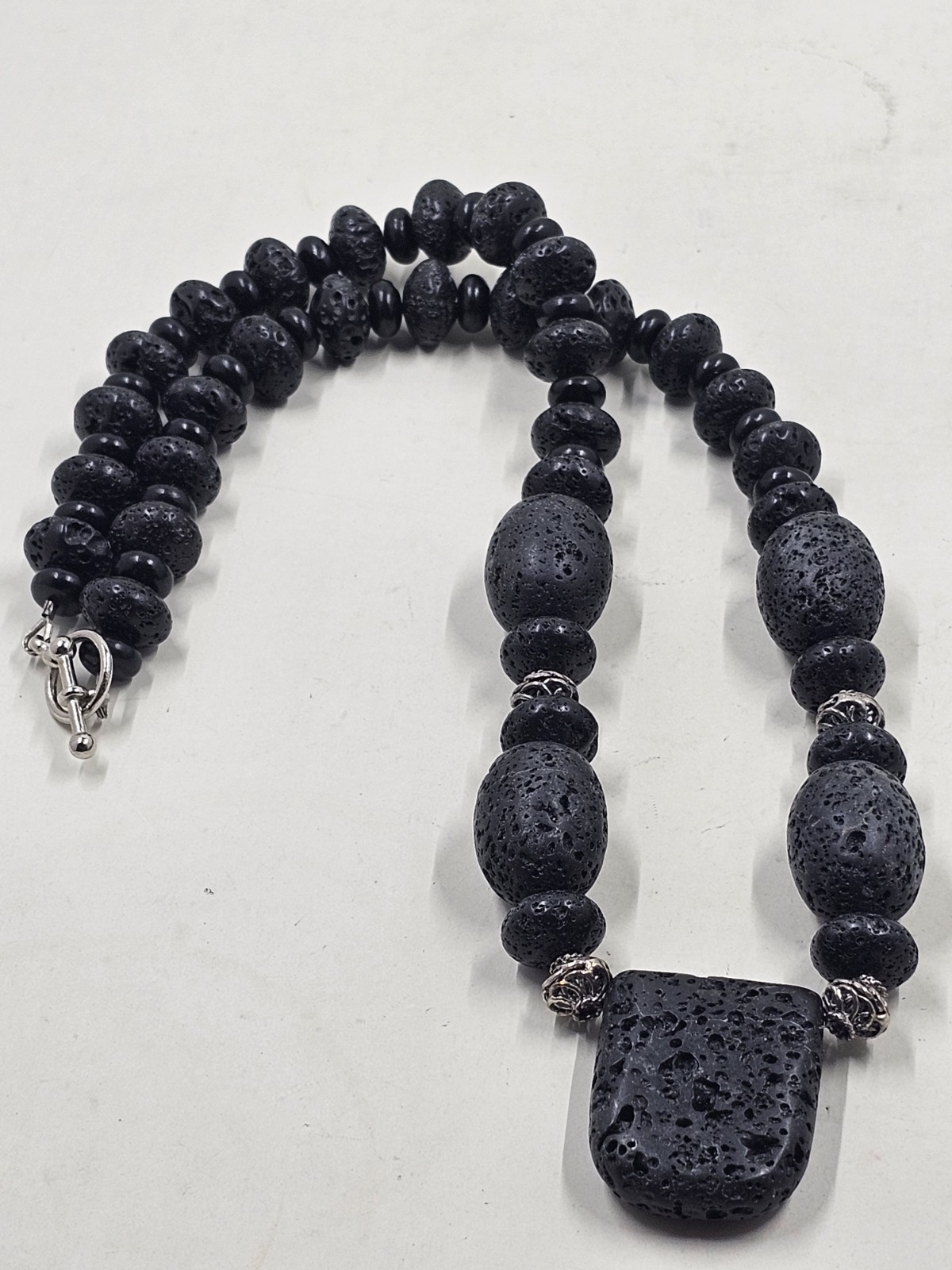 Black Lava Rock Bead Necklace Silver Accent Beads Large Pendant 20″ Statement