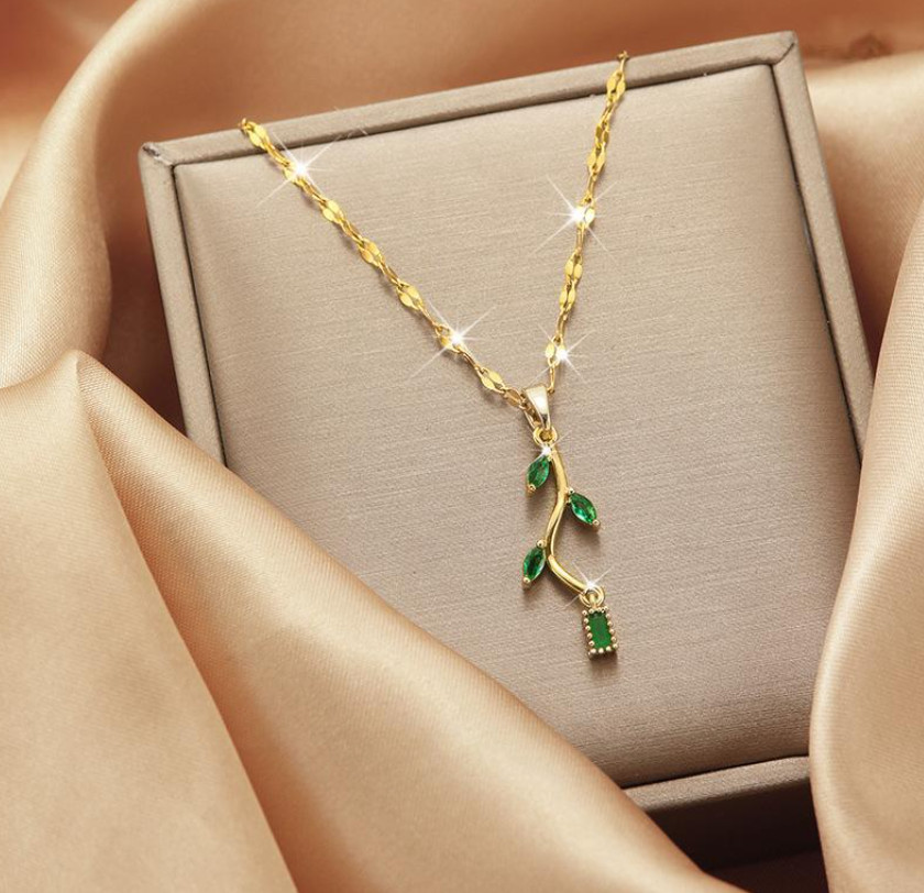 Gold Titanium Flower Branch Leaf Green Cubic Zirconia Pendant Chain Necklace
