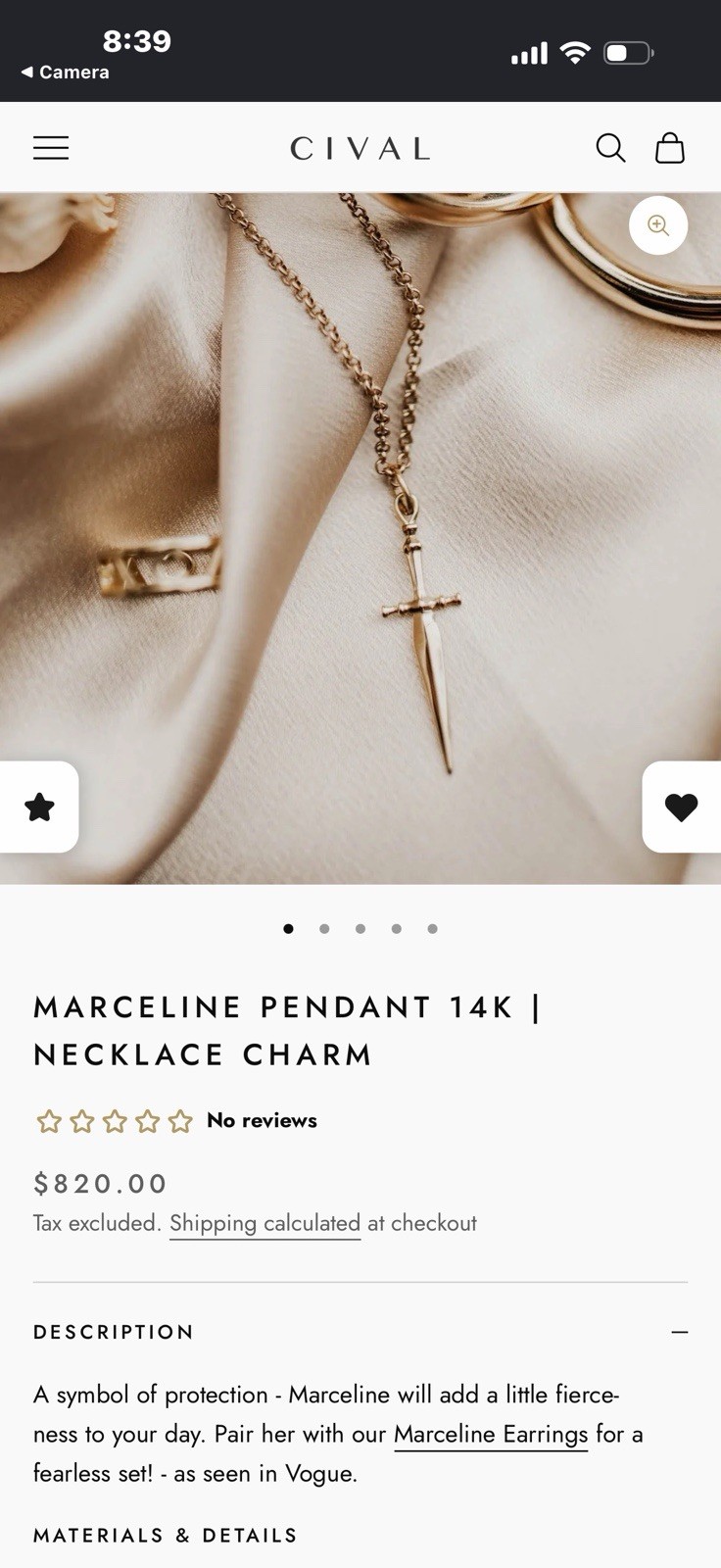 Cival Collective Nightthorn Dagger Necklace Brass Sword Pendant Flawless Cond!