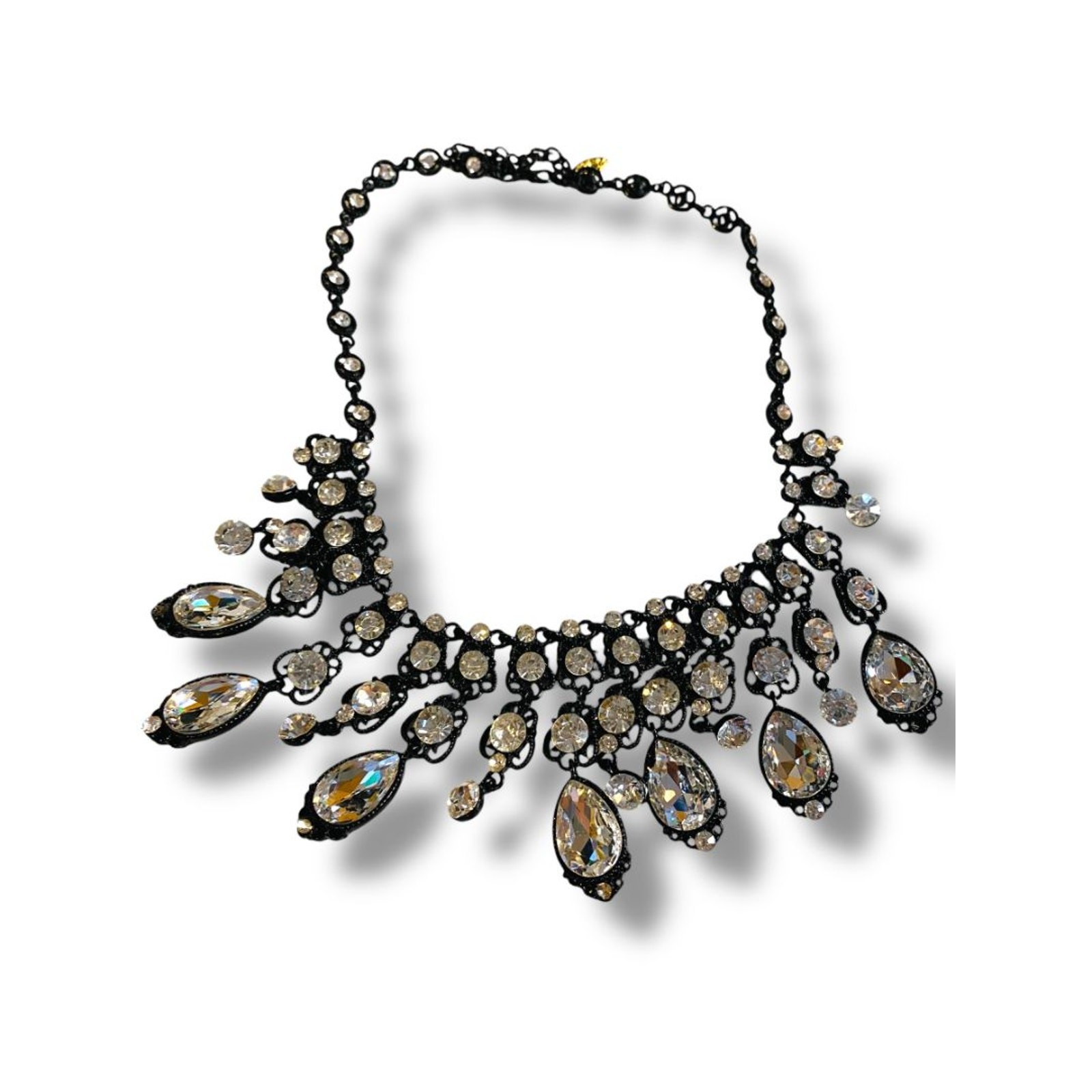 Natasha Bib Necklace Black Chain Clear Beads Sparkly 16-19″