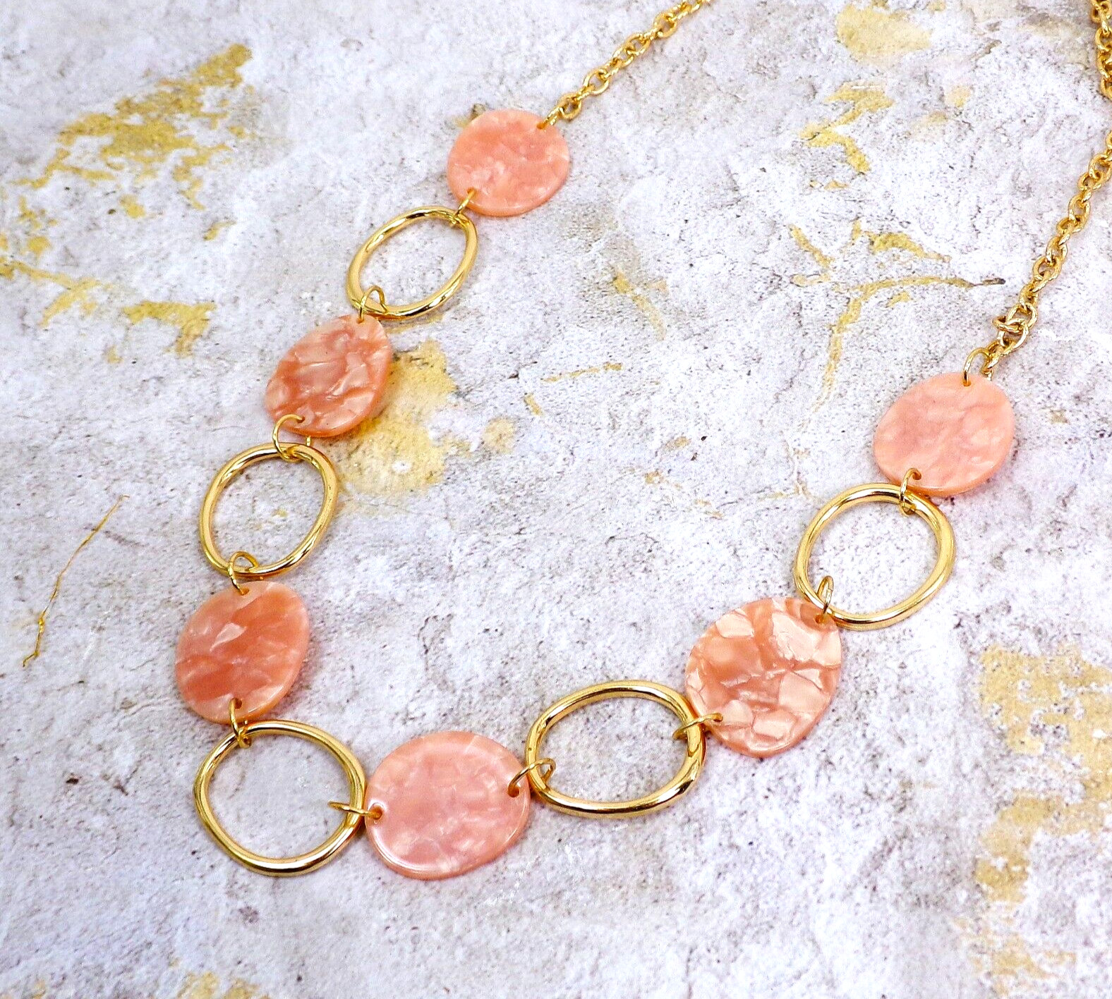 Pink and gold link necklace with pink flat marble look oval disk beads NEW