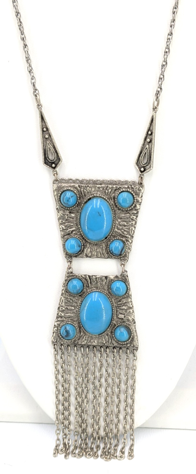 Vintage Fringe Pendant Necklace Faux Turquoise Silver Tone SW Boho 29in Tribal