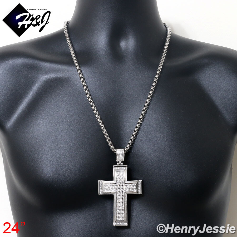 18-40″MEN Stainless Steel 5mm Silver Box Link Chain BIG ICY CZ Cross Pendant*I20