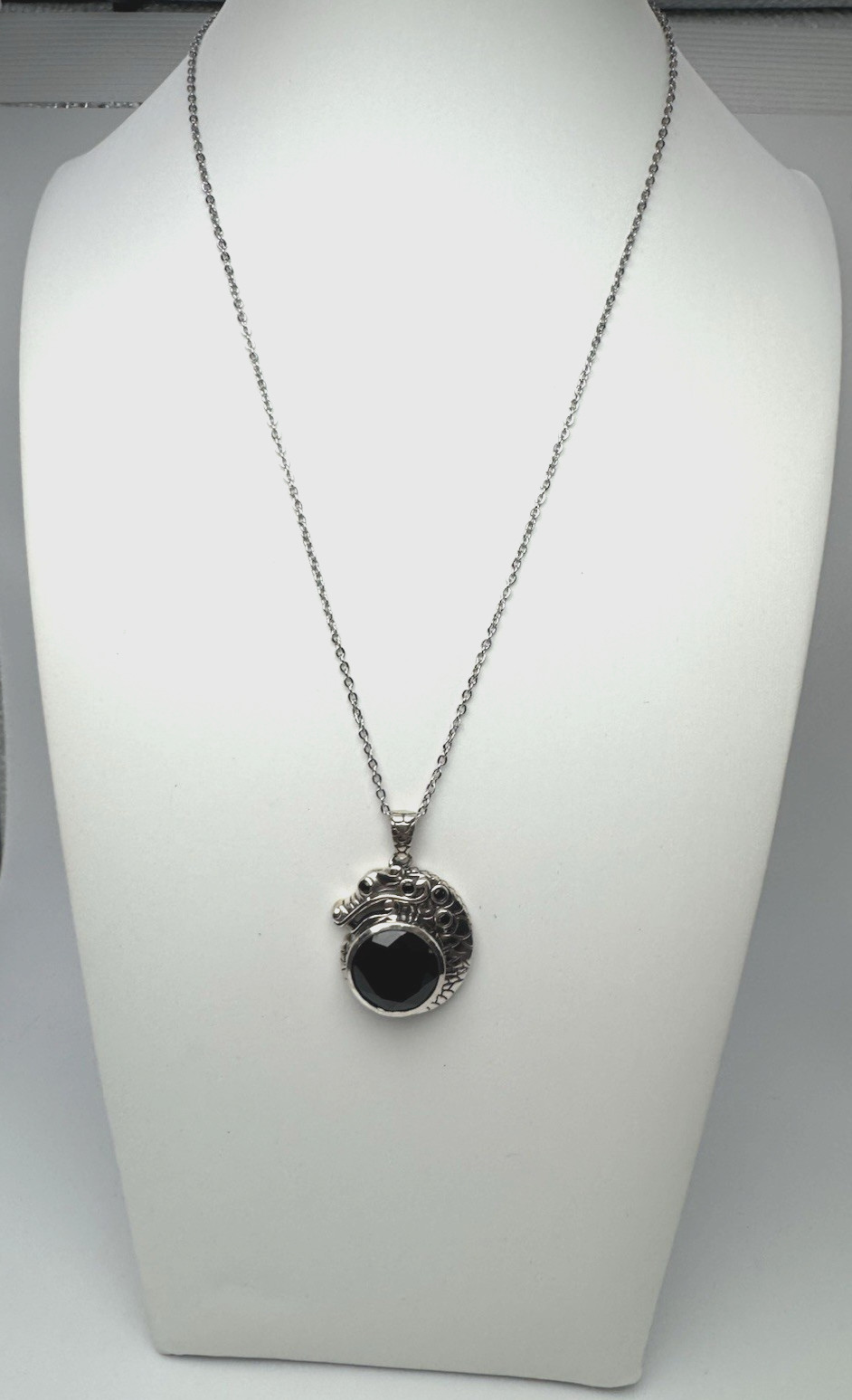 925 Sterling Silver Dragon Pendant Necklace 15mm Thai Black Spinel steel chain