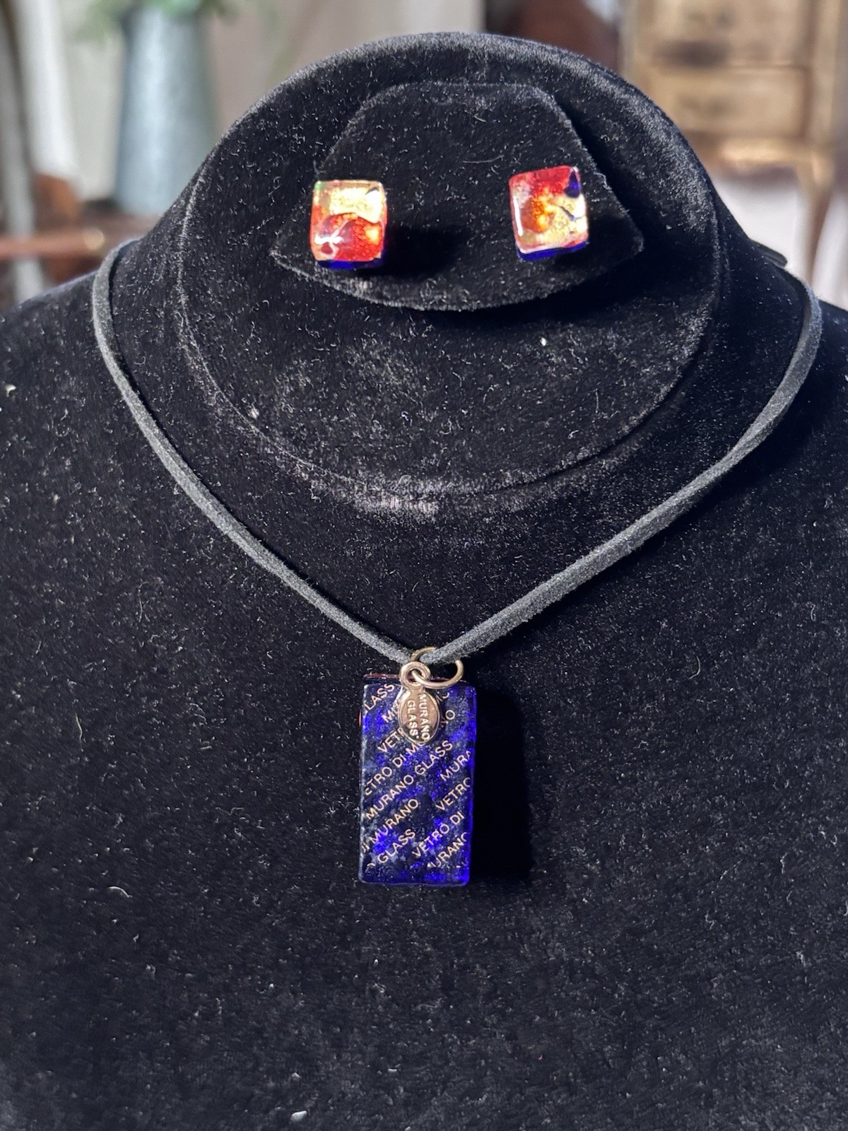 Murano Glass Pendant & Earrings Set Millefiori Gold Foil Venetian Boxed