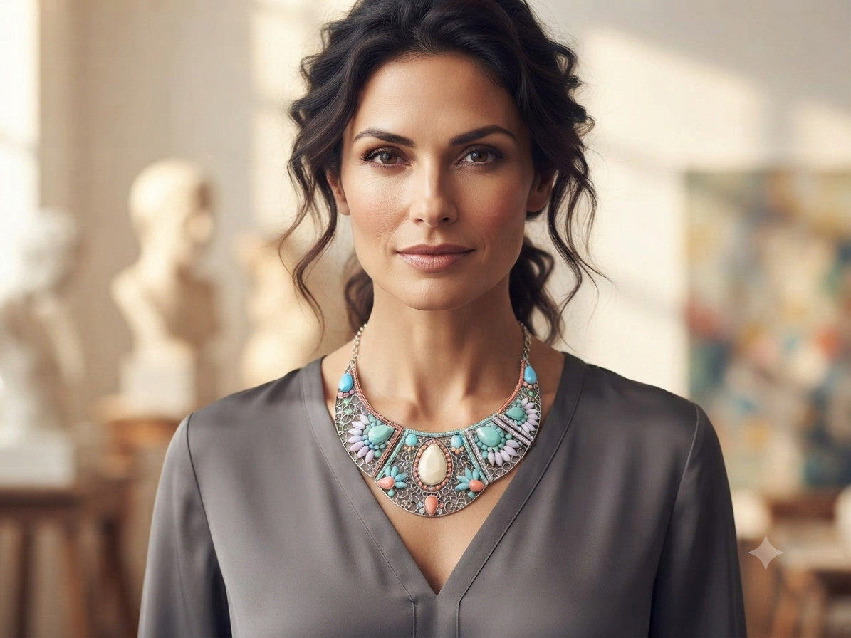 Retro Statement Collar Necklace Multi Color Beads Antique Silver Plated