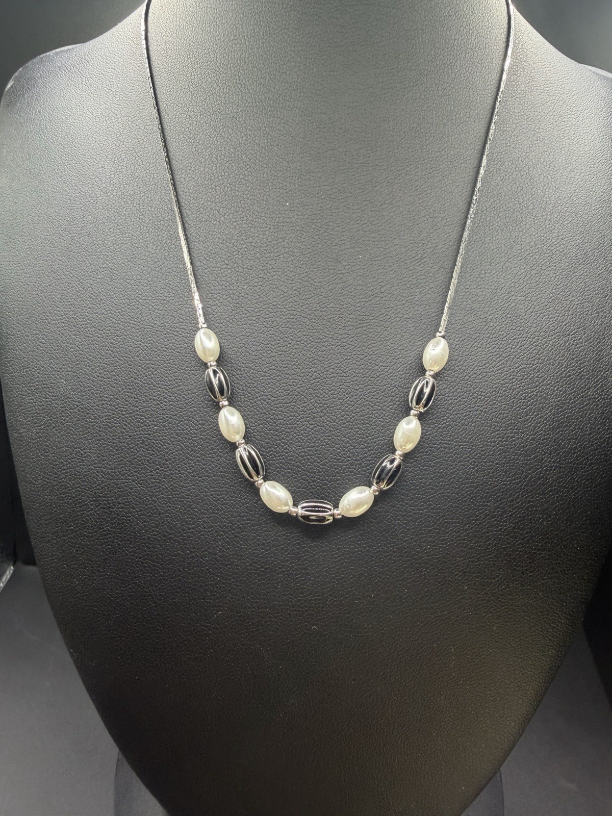 Silver tone Snake Chain White Pearl Station Necklace Spring Ring Signed