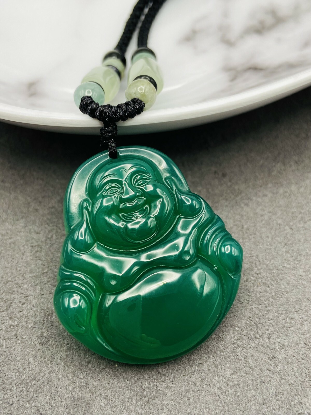 Jade Buddha Charm Pendant Necklace W/ Beads Cord Handmade Carved Green Gemstone