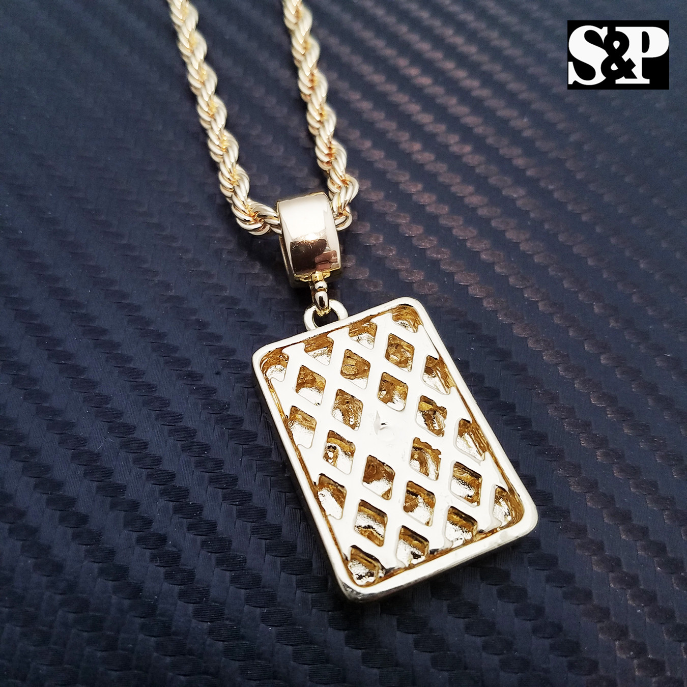 Hip Hop Iced Gold Plated Golden Nugget Bar Pendant & 24″ Rope Chain Necklace
