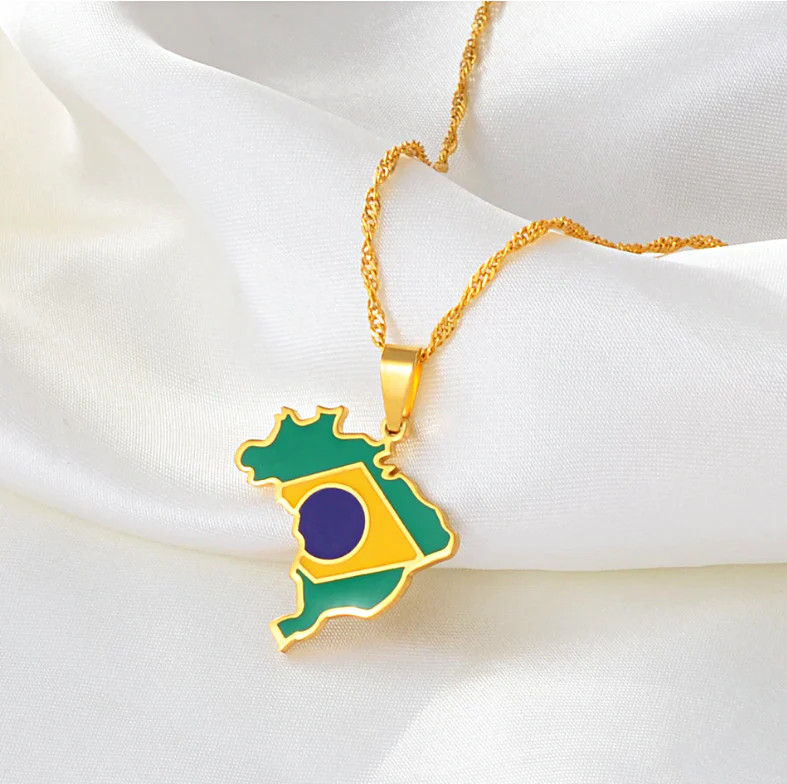 Brazil Map with flag Pendant Necklace