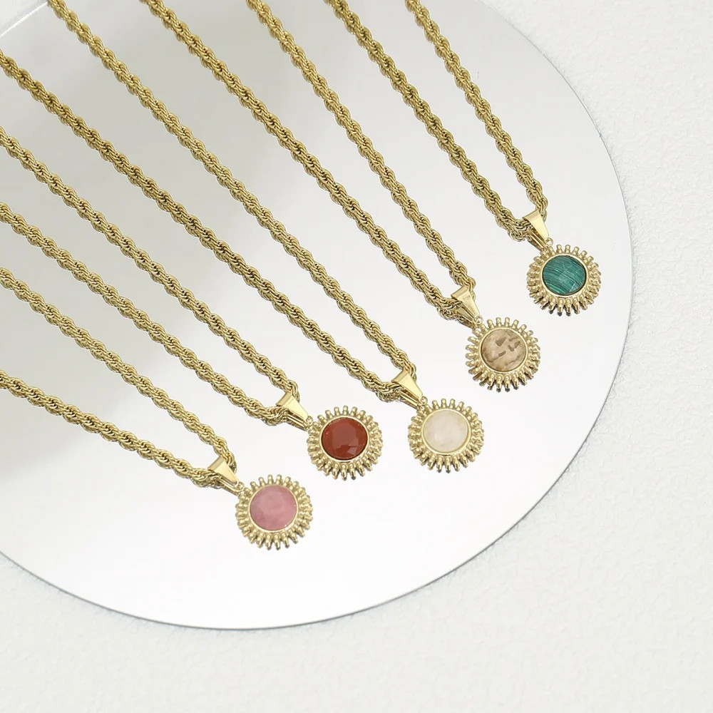 Sunflower Natural Stone Pendant Necklace 18K Gold color Stainless Steel Hip Hop