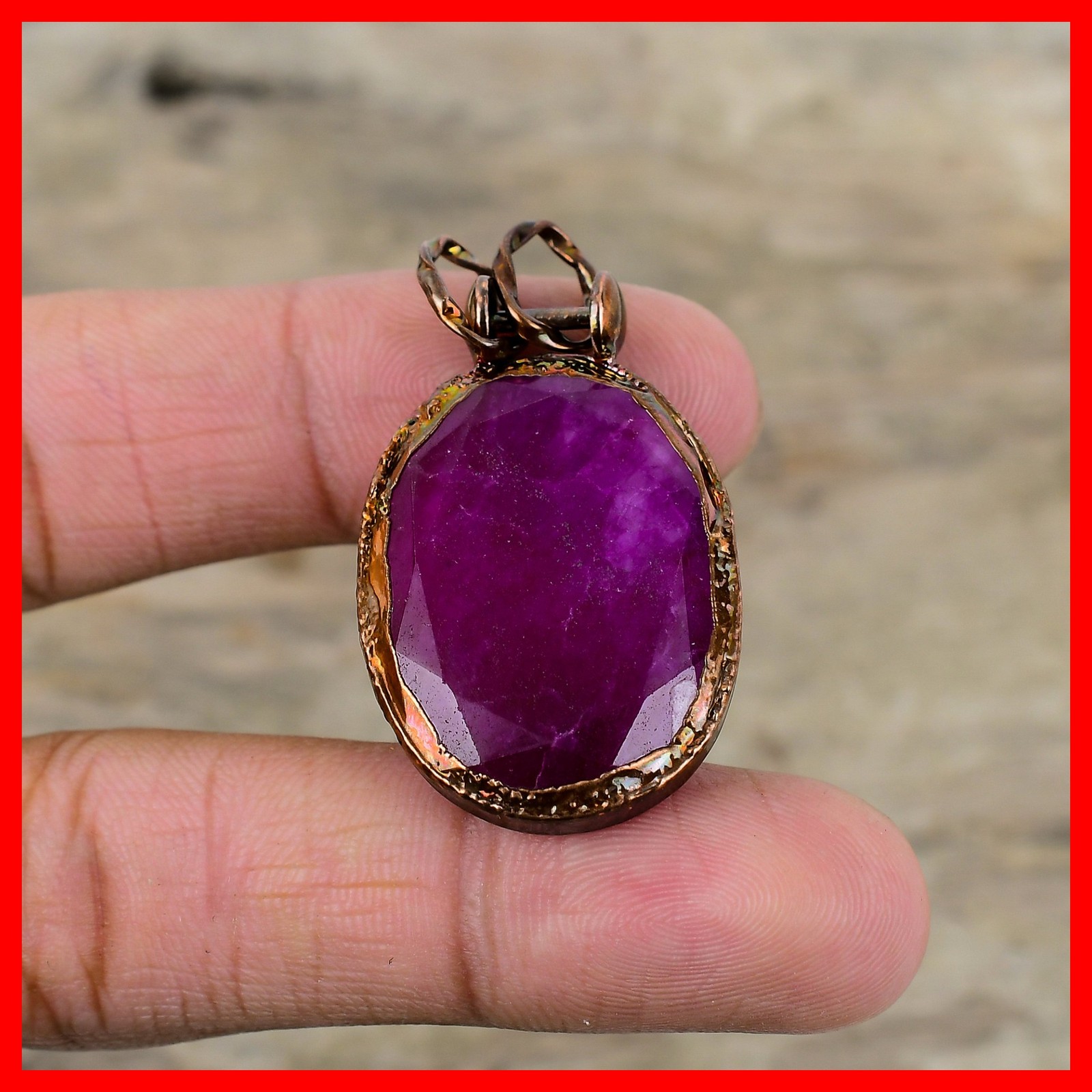 Oval Natural Kashmir Rubi Bezel Electroformed Artisan Elegant New Pendant Copper
