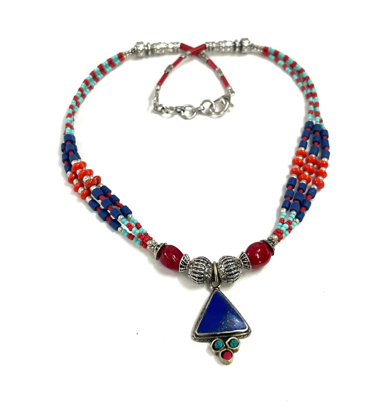 Antique Lapis Red Coral Gemstone Tibetan Bohemian Necklace Jewelry, 18 inch Adju