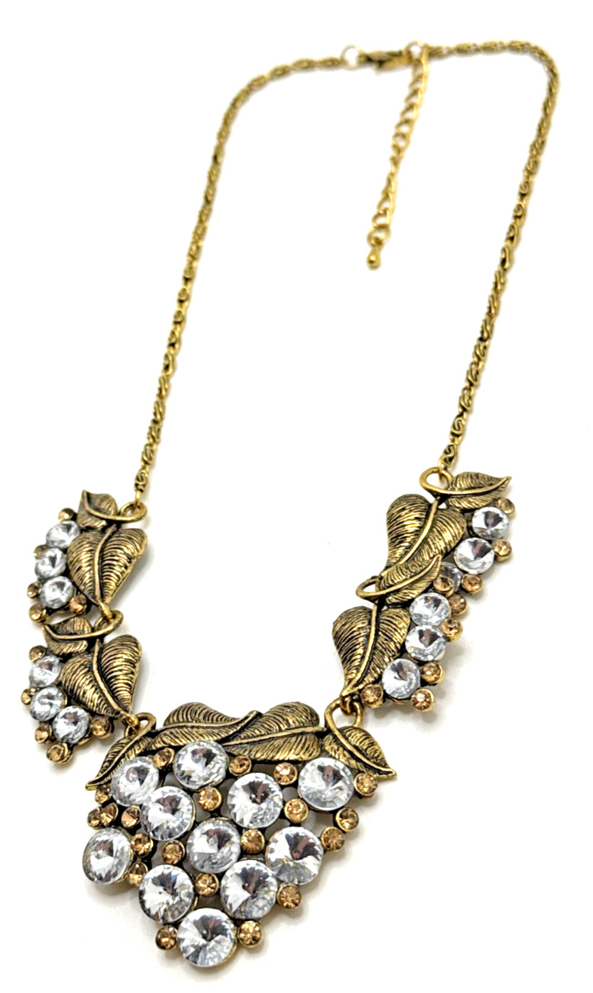 Clear Crystal Cluster Floral Bib Necklace Gold Tone Rivoli Rhinestone Statement