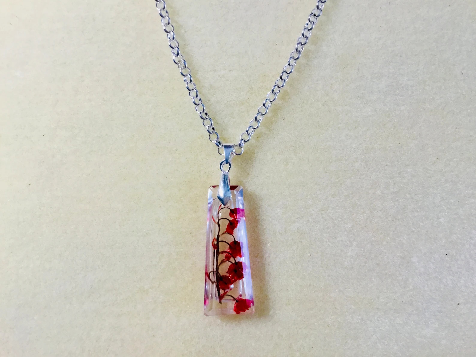 Lilies of the Valley Pendant Necklace, Red Floral Resin Jewelry, Real Flowers