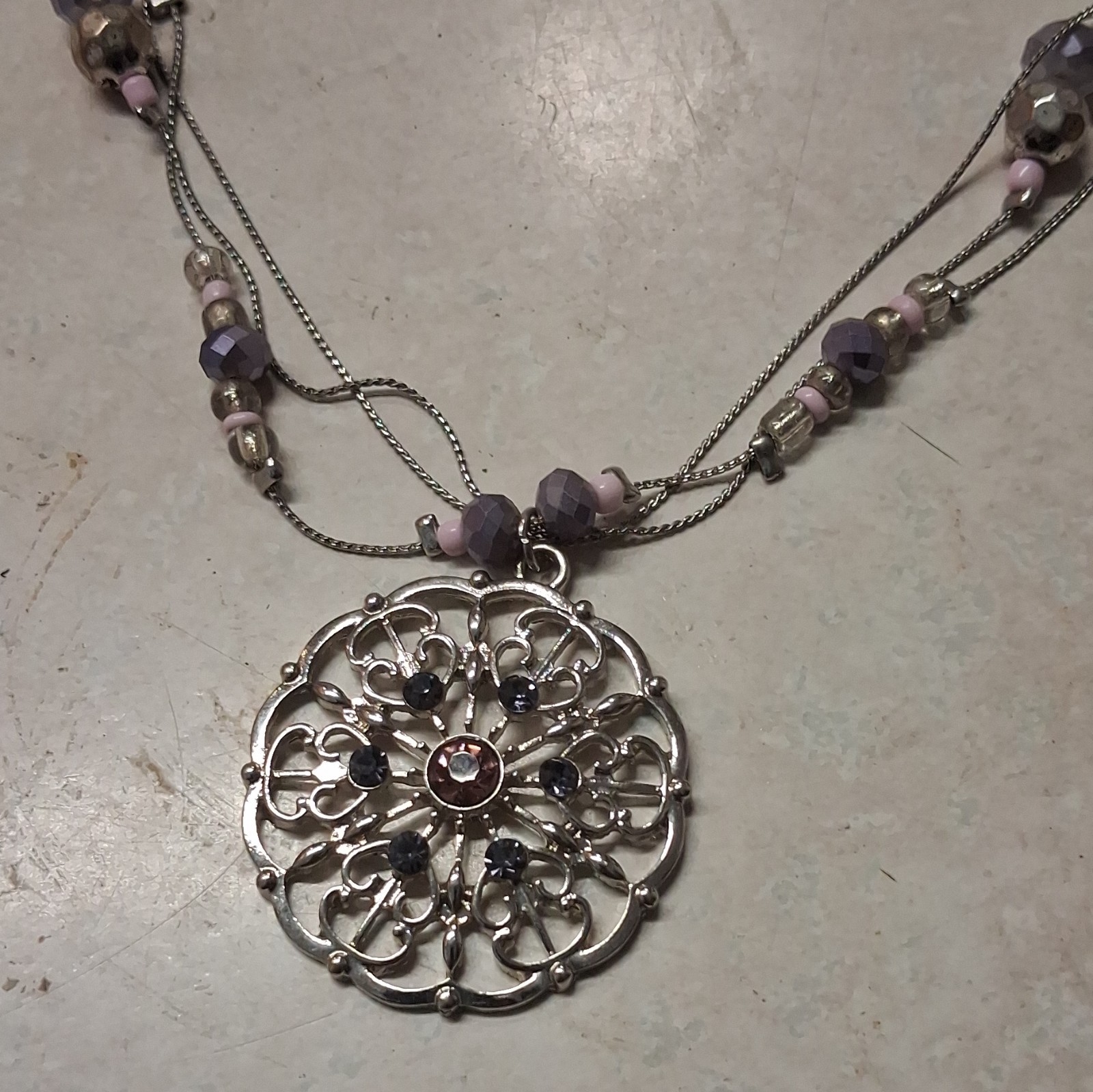 Silver Tone Filigree Round Medallion Pendant Necklace, Purple Beads, Snake