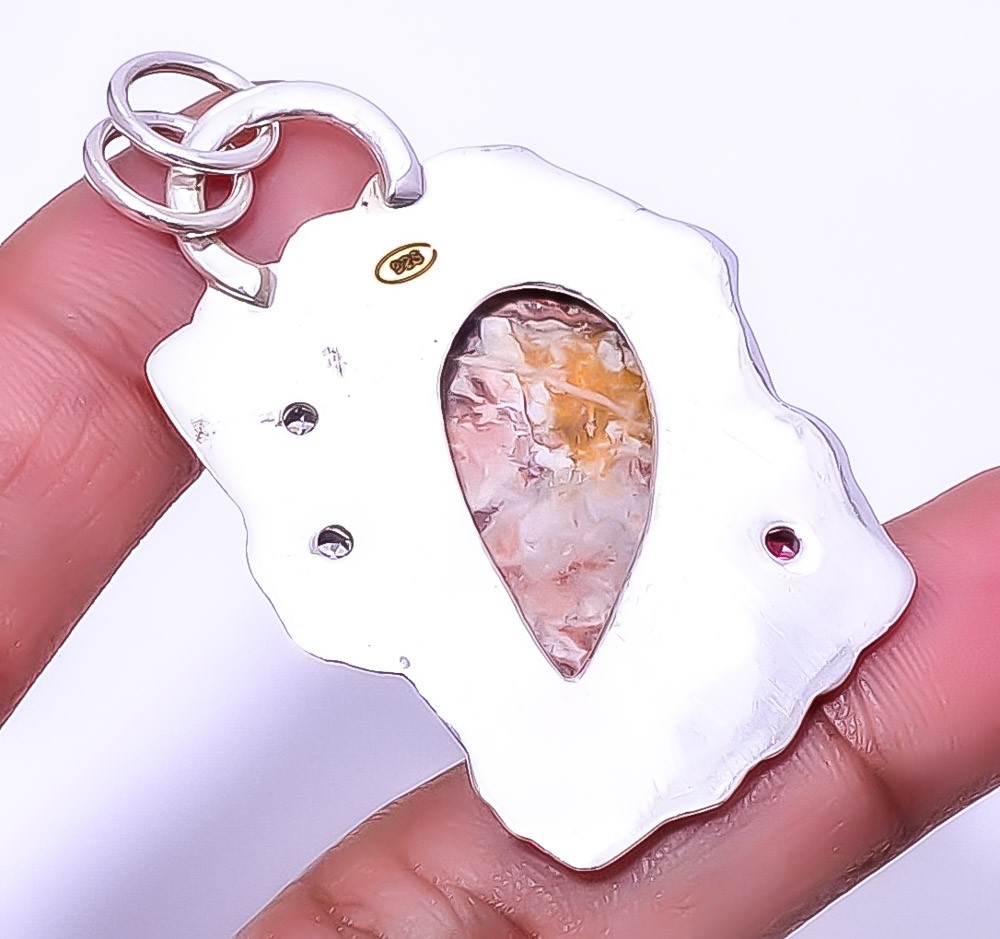 Rosetta Jasper & White Topaz Gemstone 925 Sterling Silver Pendant 1.95″ A389