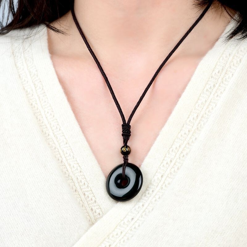 Black Obsidian Necklace 26mm Donut Pendant Guardian Amulet Adjustable Cord 18in