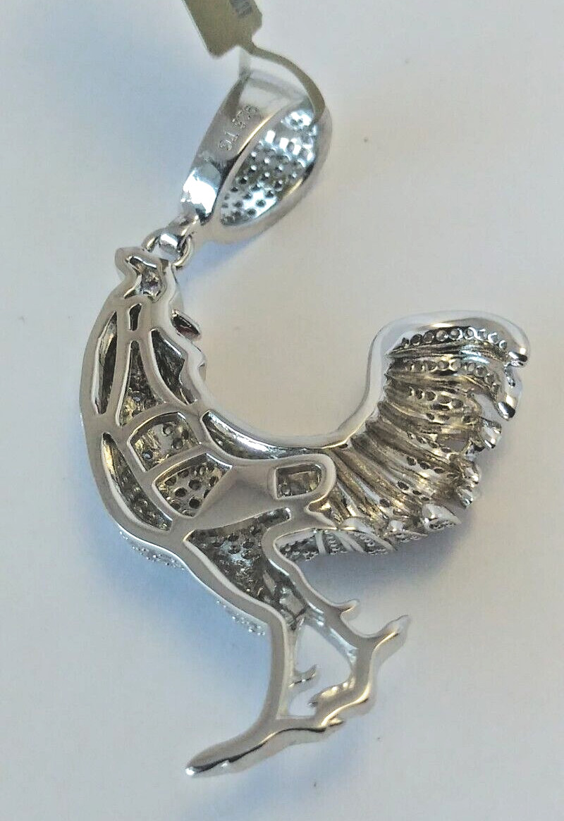 925 Sterling Silver Pendant LARGE Iced ROOSTER CHICKEN cubic zirconia CZ 48X26MM