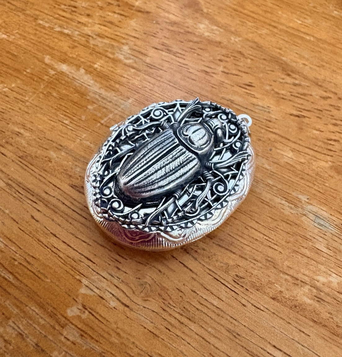 Scarab Beetle Locket Necklace, Memorial Ashes Photo Keepsake Art Nouveau Pendant