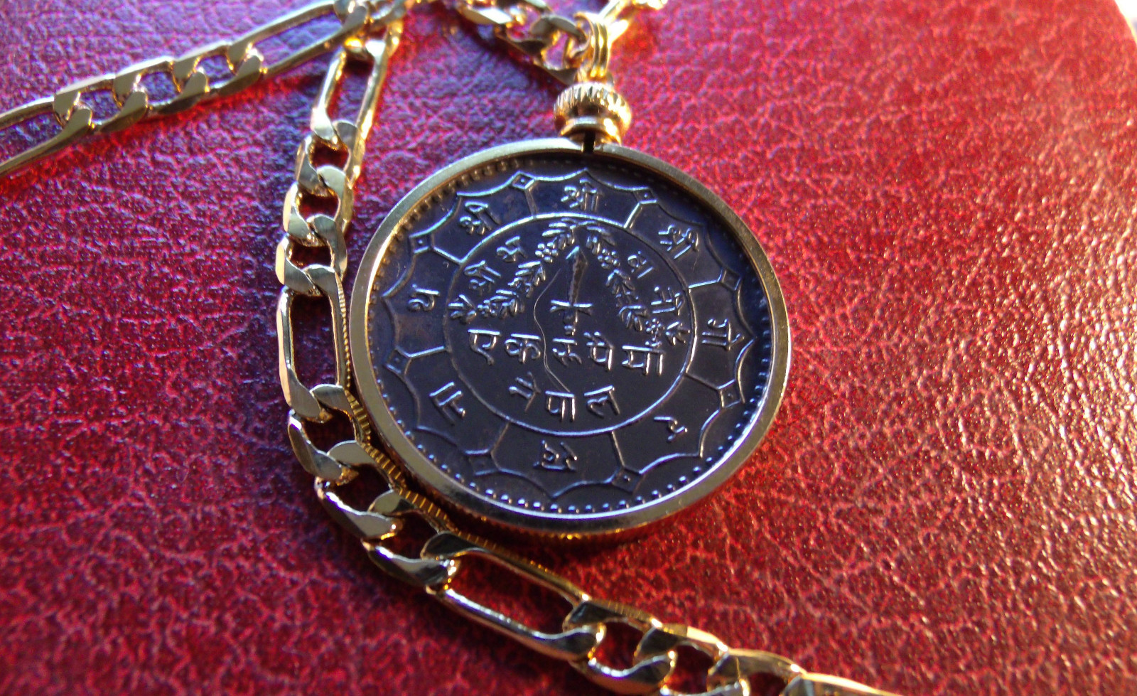 Yr73 Nepal Coin Pendant 24″ Gold Filled Chain ^ Trident of Shiva & Sword of Kali