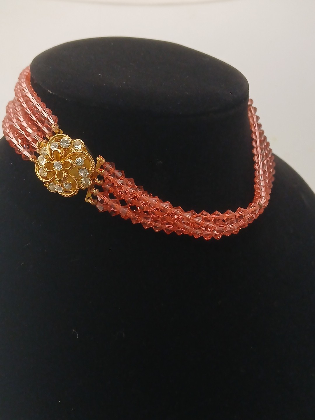 ROYAL ELEGANCE gold tone clear stones 5 strand peachy pink bicone beads chocker