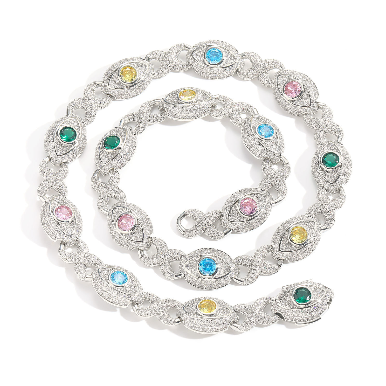 Hip Hop Colorful Eye Cuban Chain Necklace Bracelets 5A Zircon Mens Jewelry