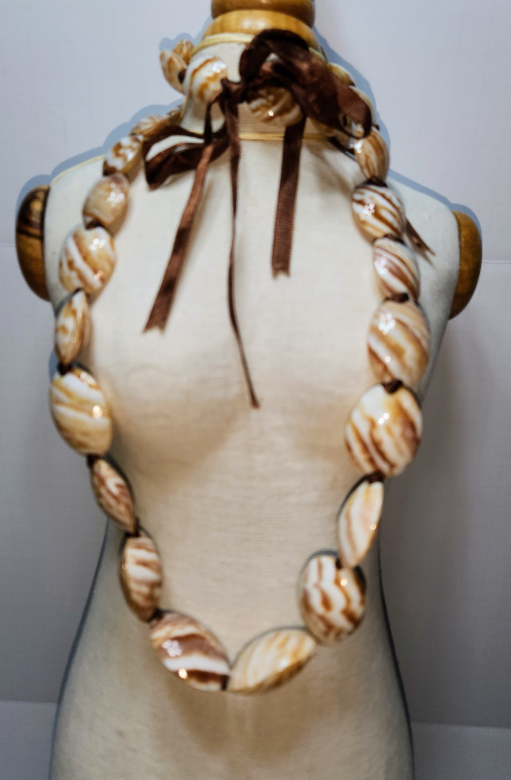 Long Brown & Ivory Marbled Shell Bead Statement Necklace