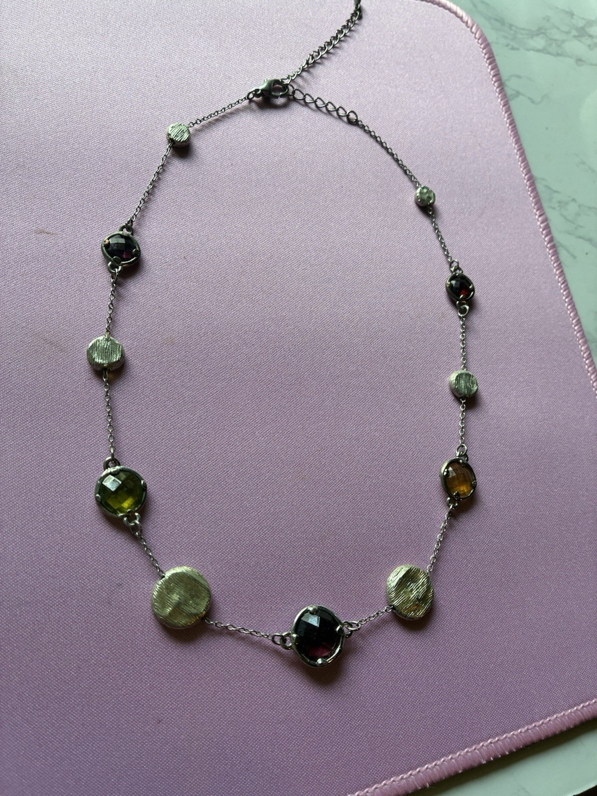 Silver-Tone Station Cable Chain Necklace Bezel Multicolor Round Glass Adjustable