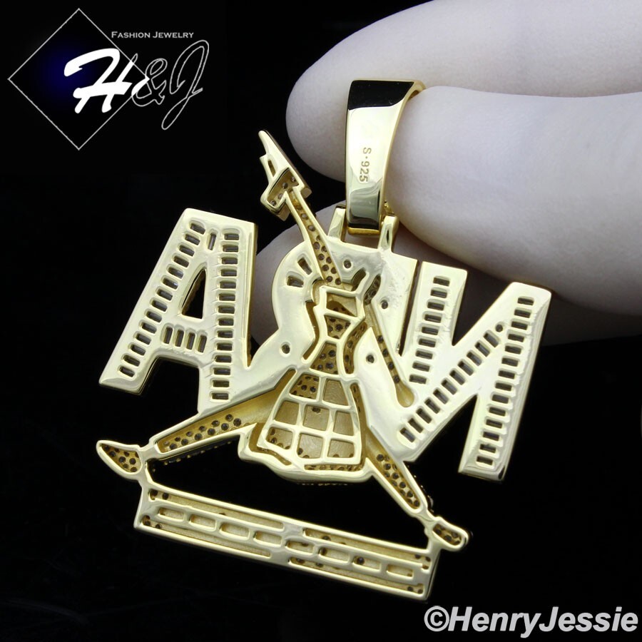 925 STERLING SILVER BLING CZ 3D HIPHOP GOLD PLATED RICH FOREVER PENDANT*GP529