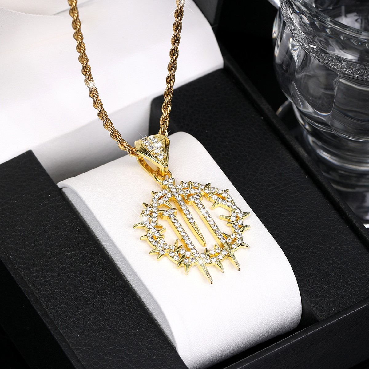 Iced Thorn Spikes Pendant Necklace Stainless Steel Twisted Rope Chain Unisex