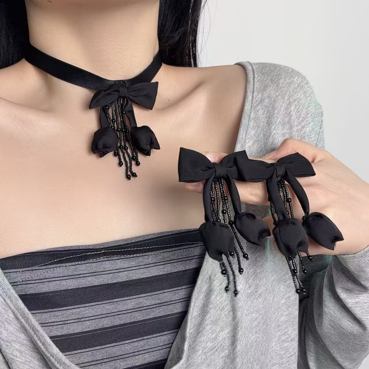 Black Gothic Ribbon Choker Necklace Bow Pendant Adjustable Tie Closure
