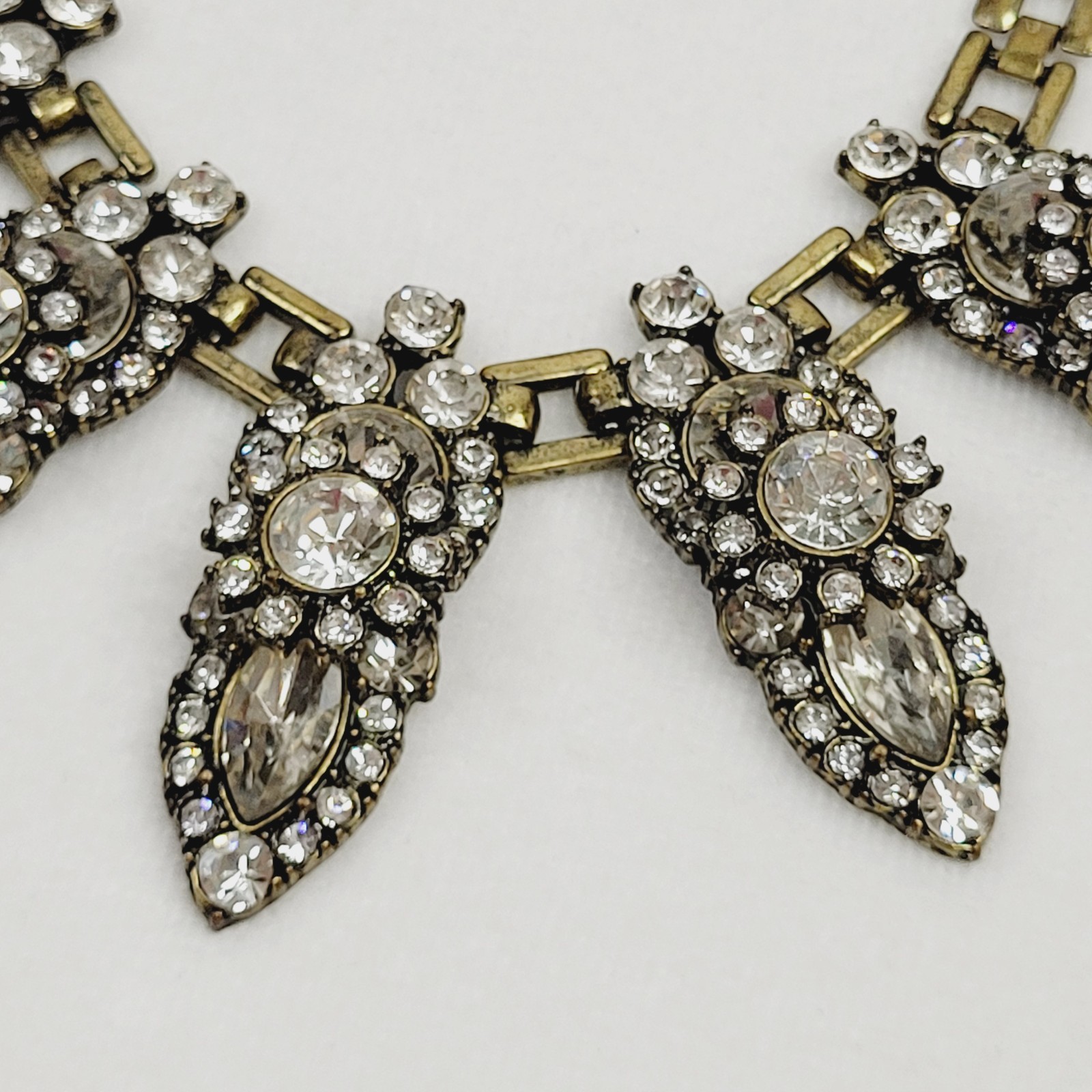 Antiqued Brass Tone Fashion Jewelry Necklace Colorless Rhinestones Statement Art