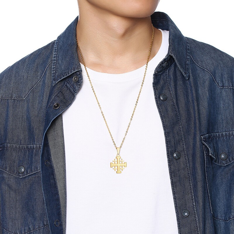 Gold Christianity Jerusalem Cross Pendant Necklace Stainless Steel Chain Classic