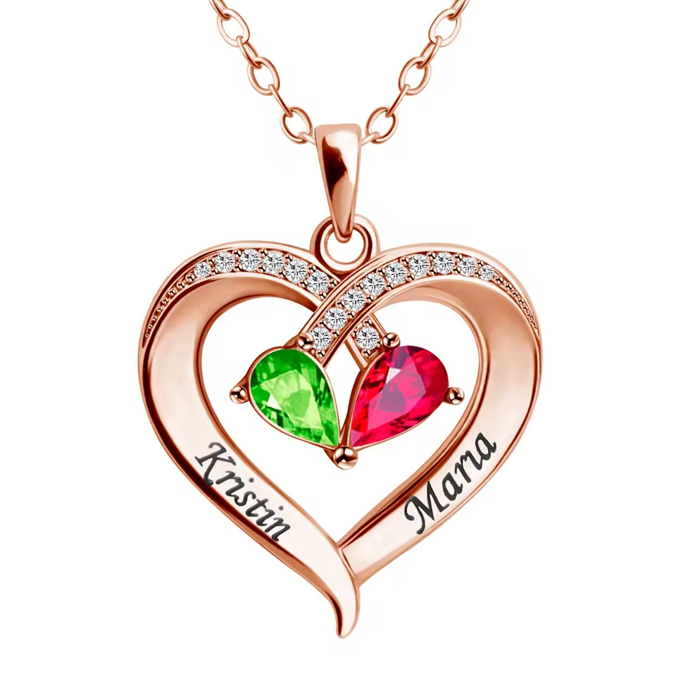 Custom Double Birthstone Name Necklace Engraved Jewelry Zirconia Heart Pendant