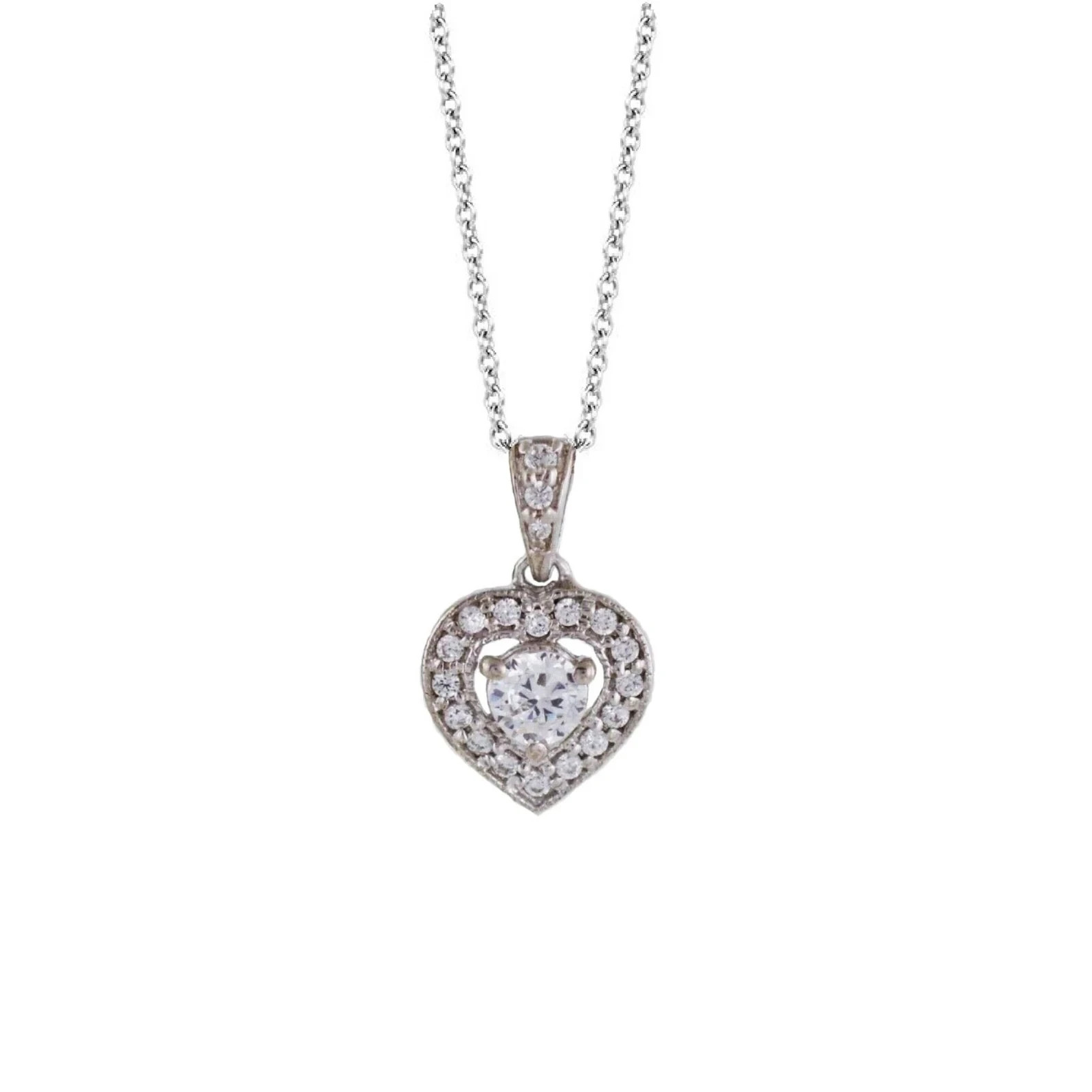 14k White Gold Plated 1 Ct Round Cut Simulated Diamond Halo Heart Chain Pendant