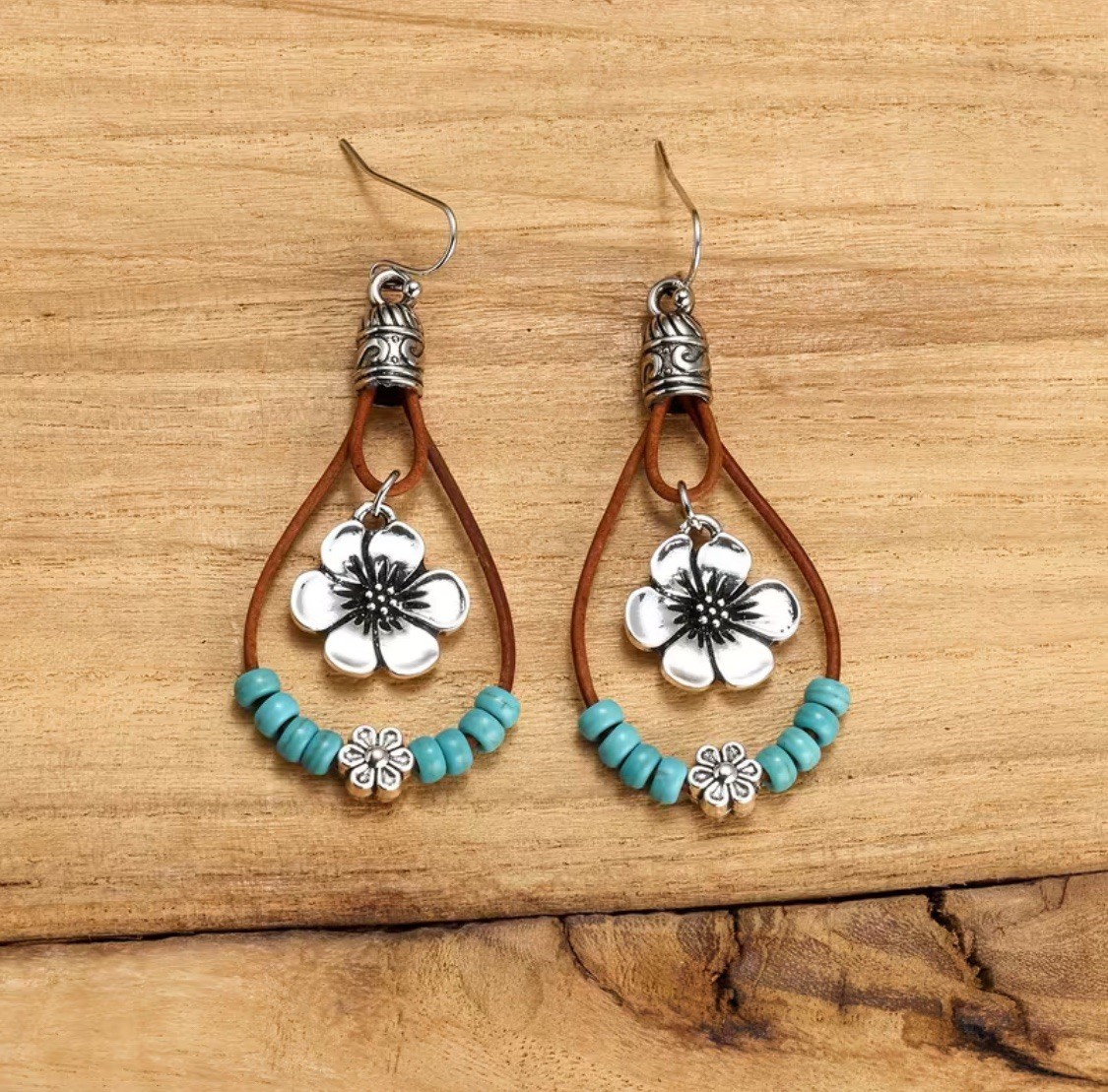 Boho Style Plum Blossom Pendant Earrings Double Layered With Turquoise Beads