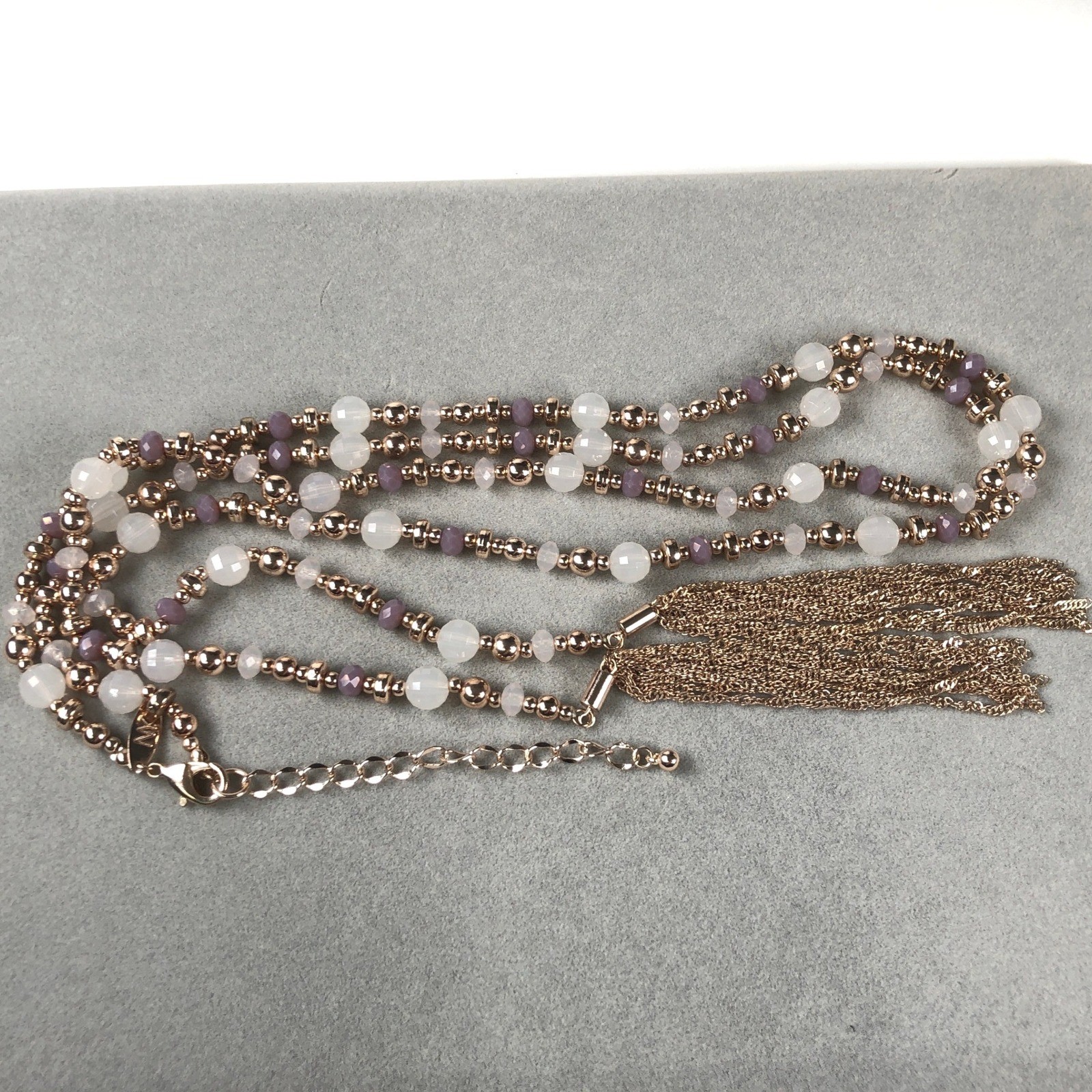 NY New York & Company Flapper Necklace Gold Tone Tassel Pink Glass Beaded Lariat