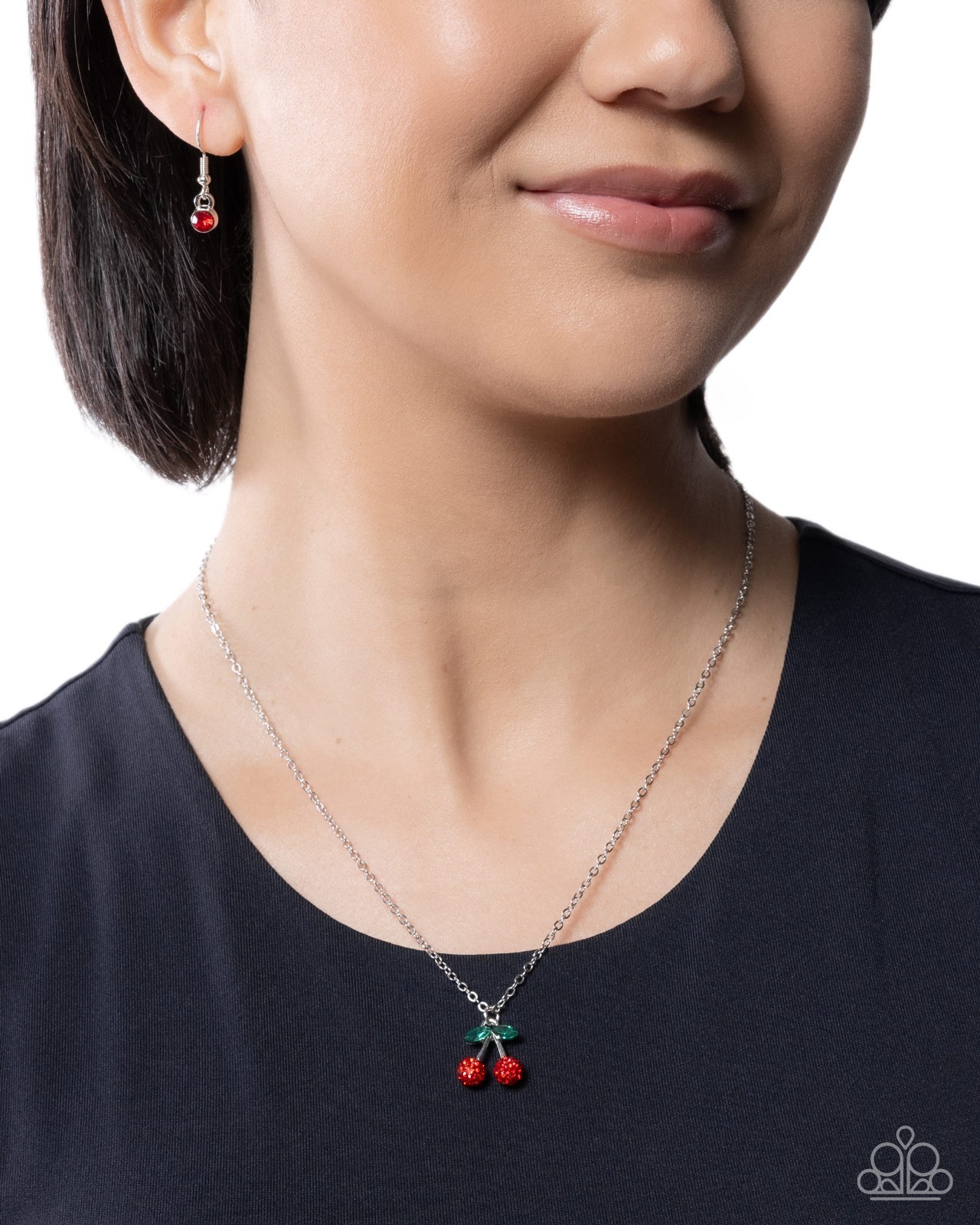 Paparazzi Cherry Condition – Red – Red Rhinestones -Green Gem Leaves – Necklace