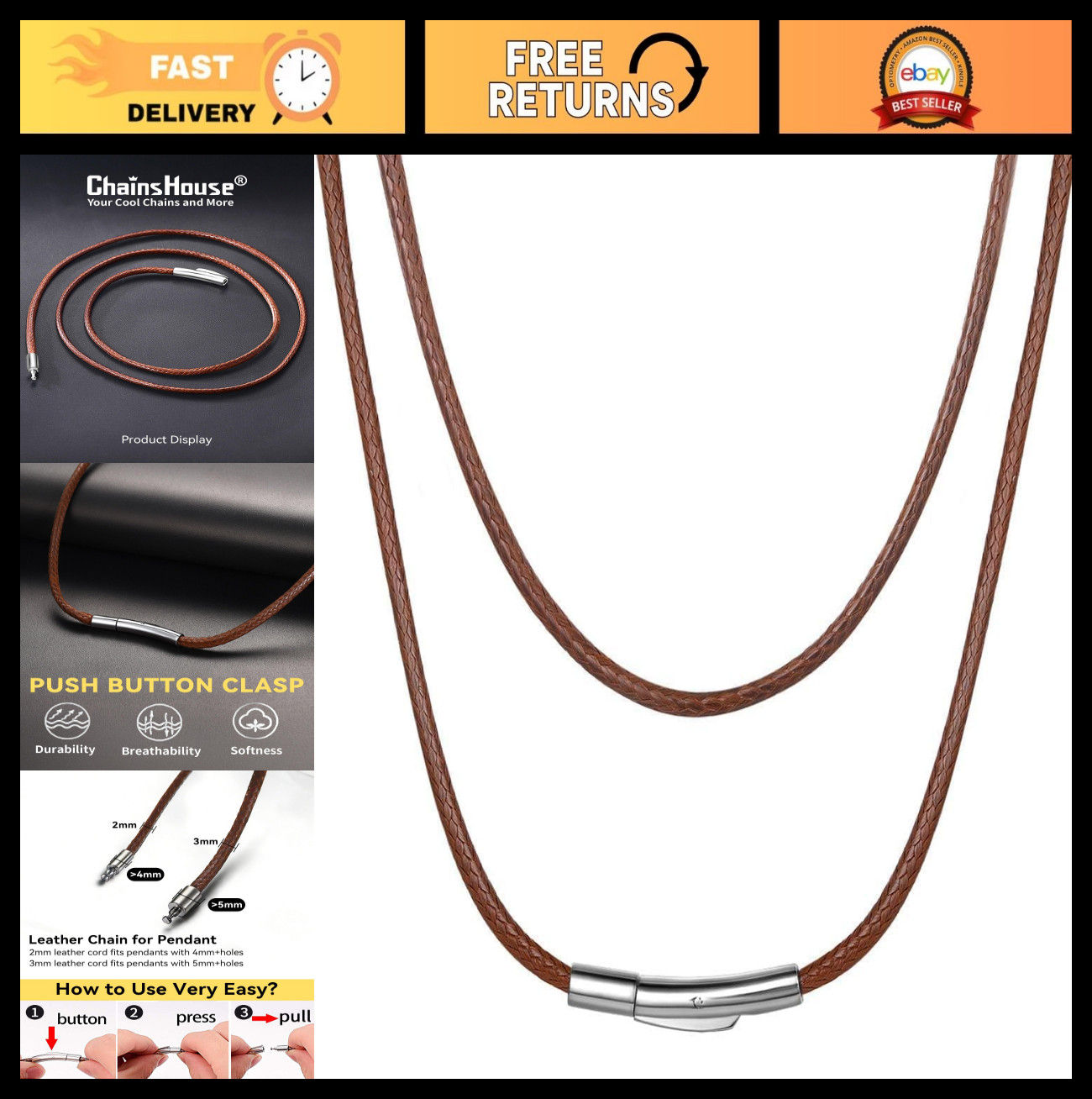 Braided Leather Necklace Cord for Pendants – Waterproof, 1.5mm/2mm/3mm, 16-30″ D