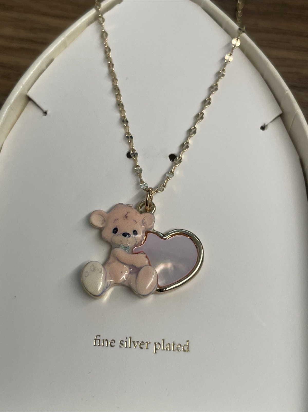 Precious Moments Bear & Heart Necklace Fine Silver Plated Gold Tone & Enamel