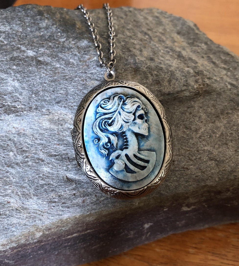 BLUE LADY LOLITA SKULL CAMEO PHOTO LOCKET NECKLACE Distressed Halloween Pendant