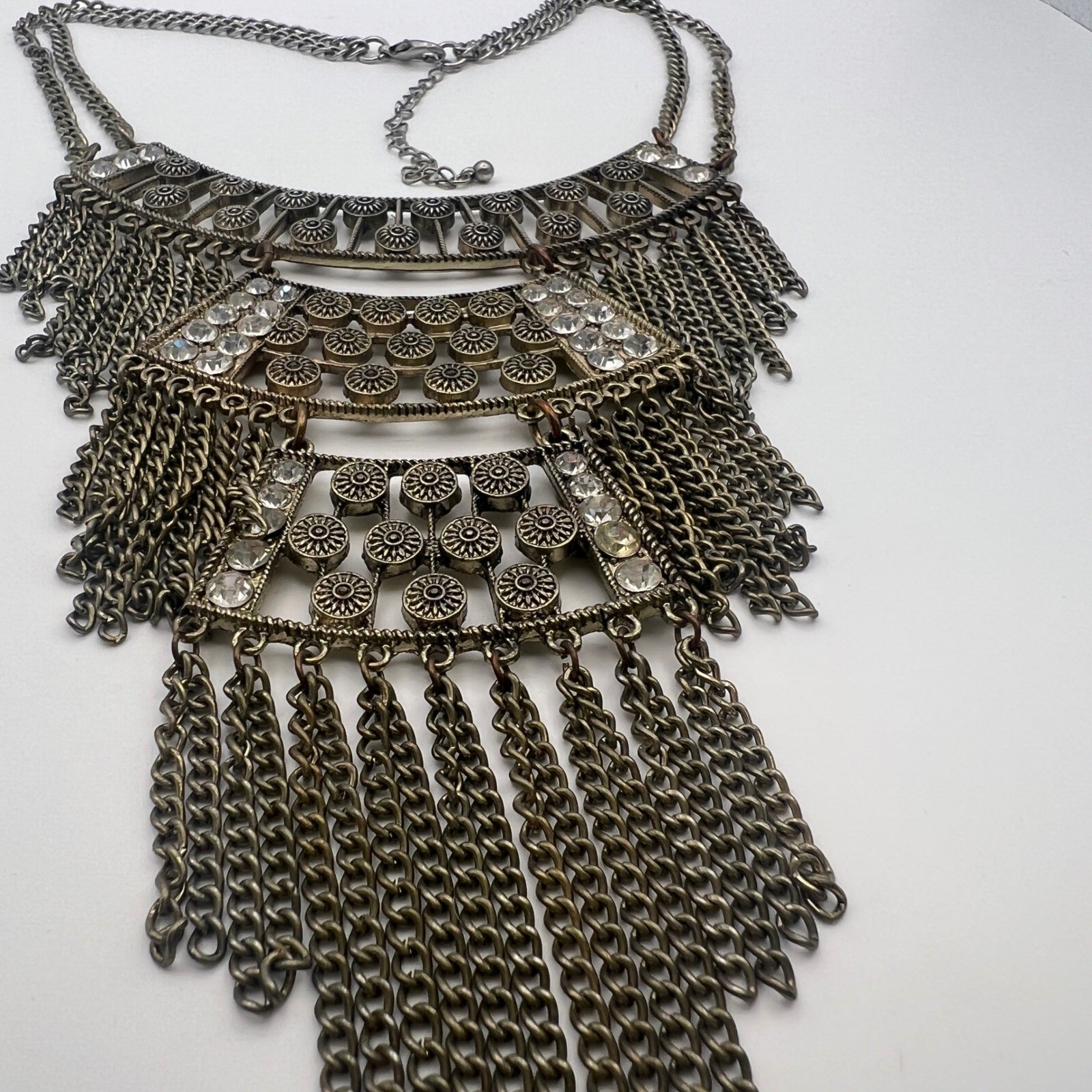 Boho Antique Gold Tone Fringe Bib Statement Necklace Clear Rhinestone Festival