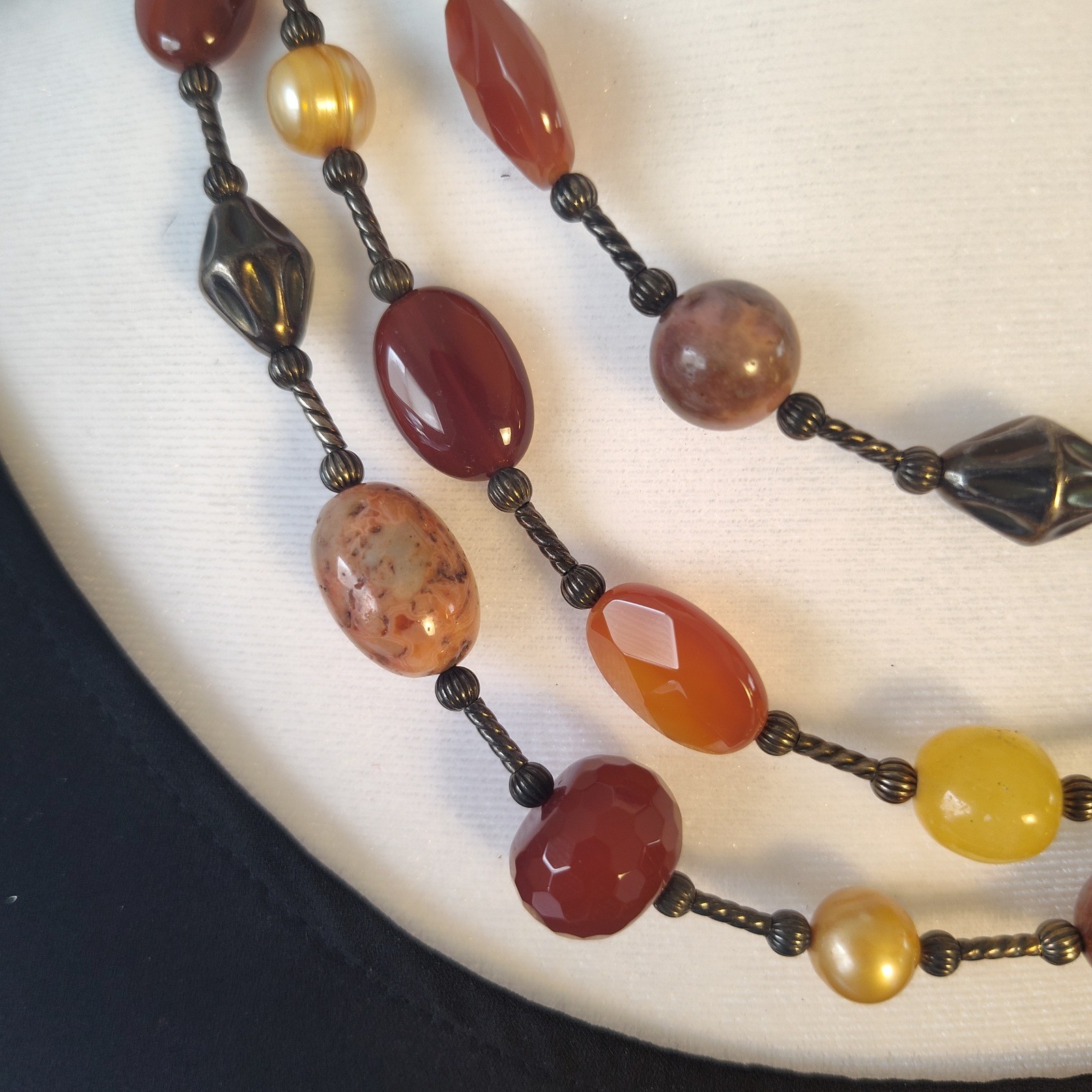 Multi Strand Earth Tone Beaded Necklace Bronze Tone Layered Stone Statement 22in